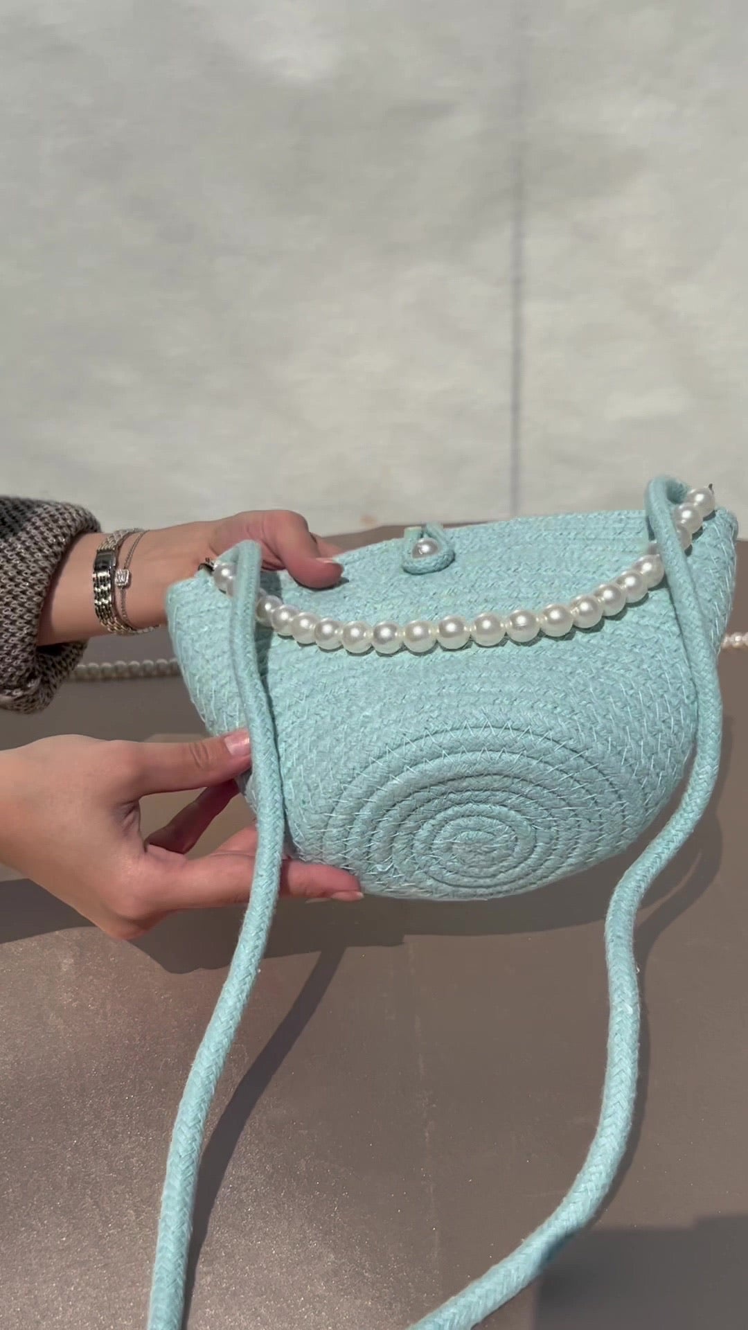 Women blue pearl design shoulder bag elegant daily handbag