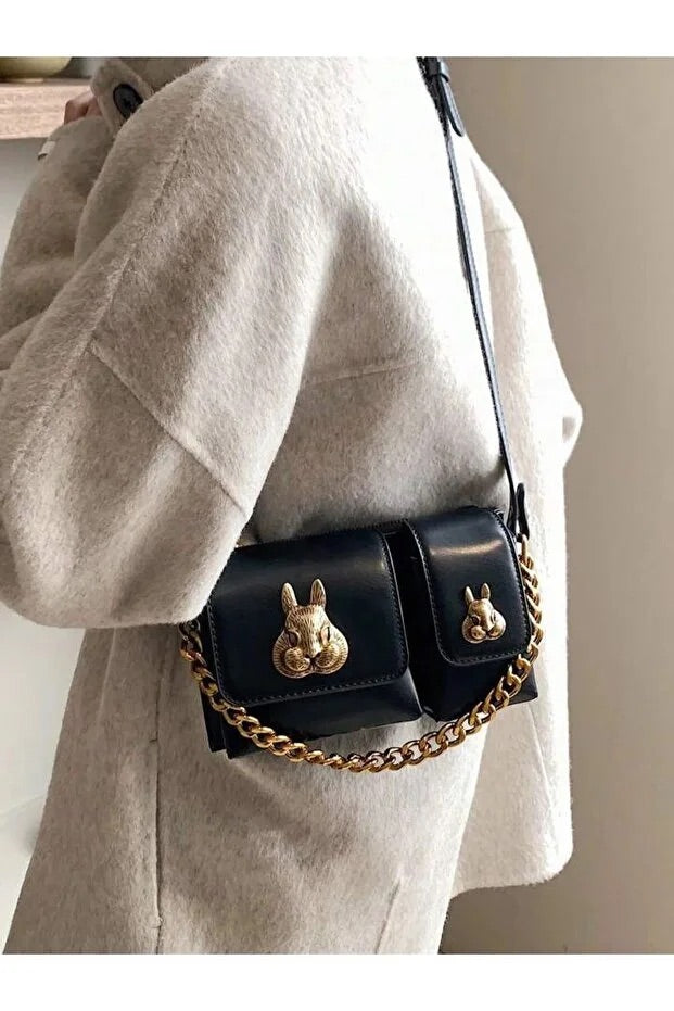 Women black baguette bag squirrel accessory design elegant shoulder