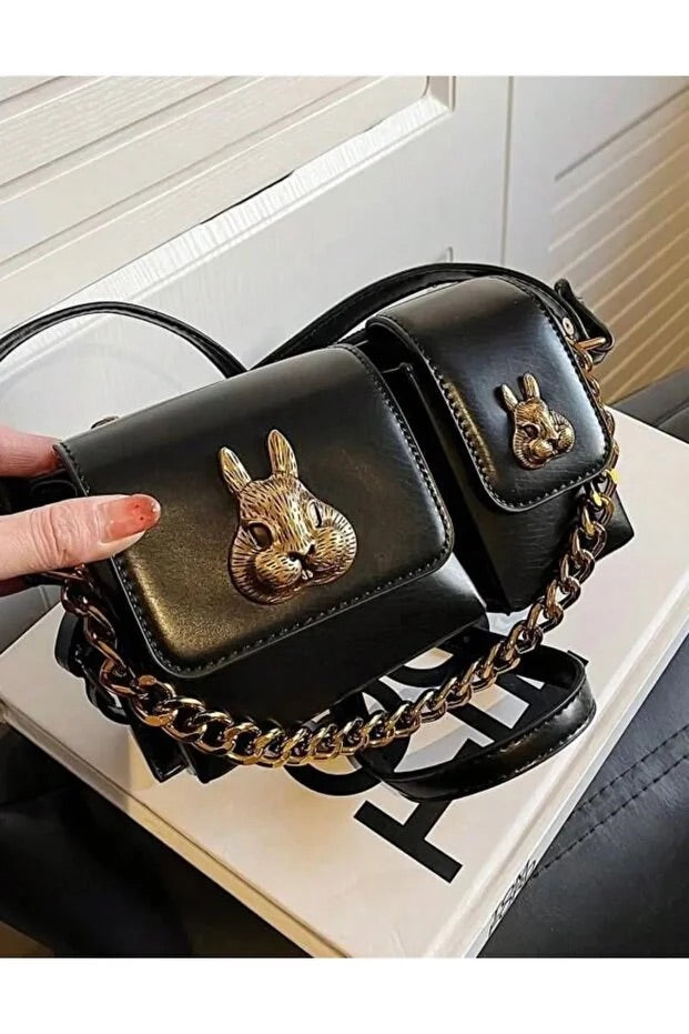 Women black baguette bag squirrel accessory design elegant shoulder