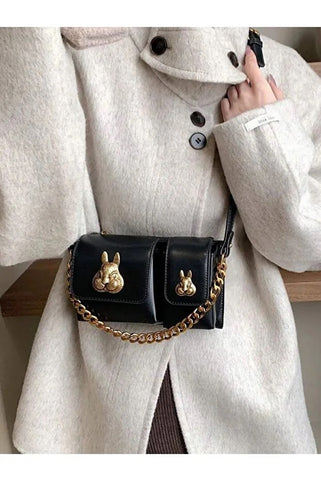 Women black baguette bag squirrel accessory design elegant shoulder