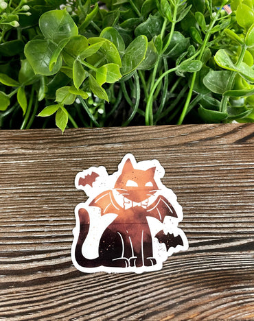 Halloween Black Cat w/ Bats and Wings, Die Cut Vinyl Sticker, Boho