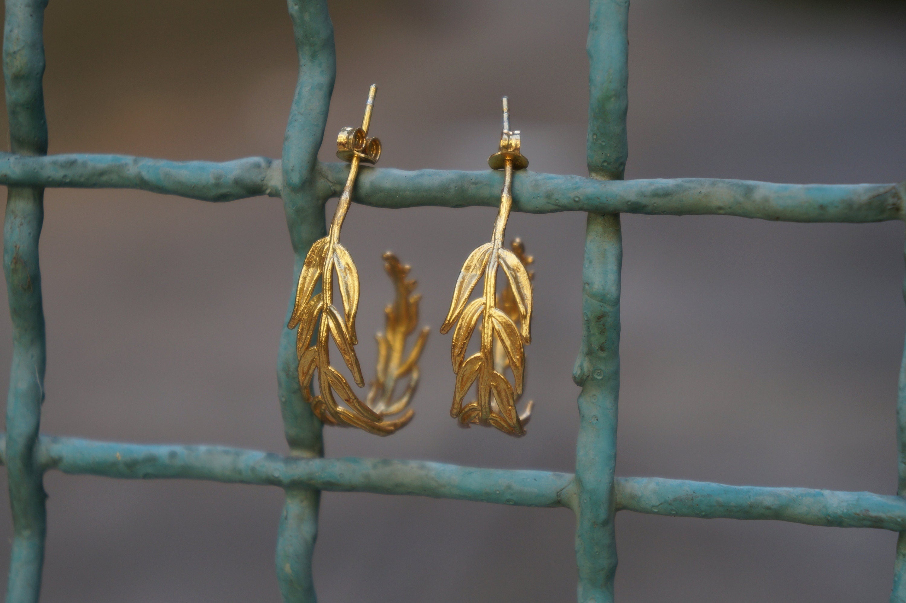 Gold Hoop Earrings – 14K Gold Plated Hoops with Real Leaf Botanical