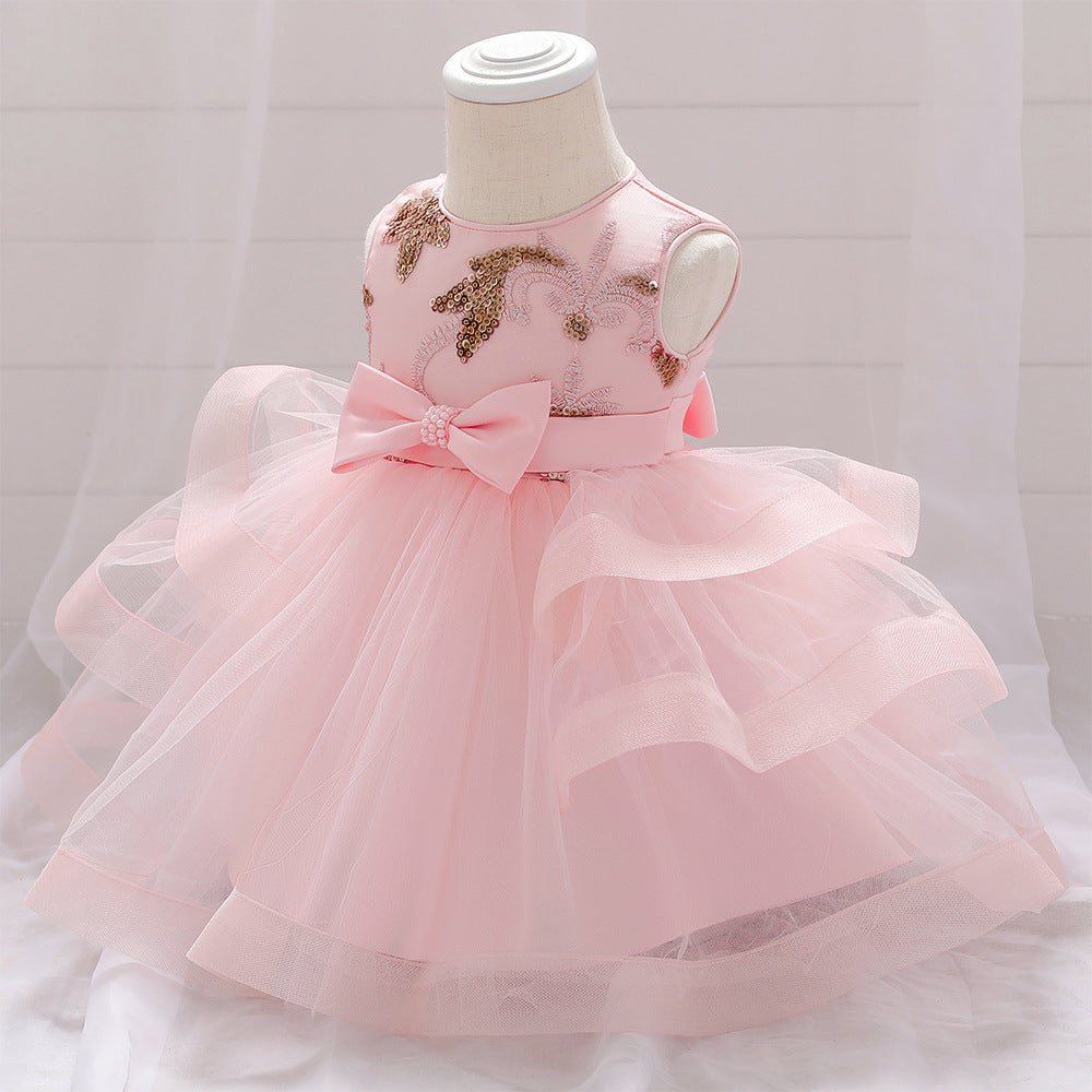 Baby Girl Sequins Patched Design Sleeveless Tutu Style Baptism